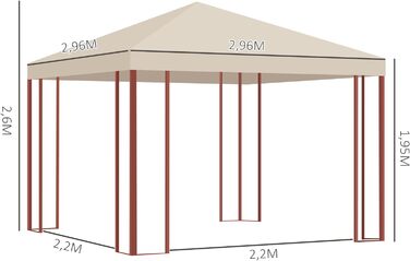 Павільйон Outsunny 2,96 х 2,96 м Намет для вечірок, садовий павільйон, садовий намет, пивний намет з сітками від мух, до 15 осіб, для саду, двору, сталевий, поліестеровий, бежевий