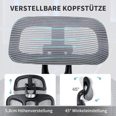 Ергономічне крісло для офісу з підніжкою, висока спинка, 2D-підголівник, відкидні підлокітники, сидіння з губки, сітчастий офісний крісло, крісло для керівника, комп'ютерне крісло для дорослих (сірий)