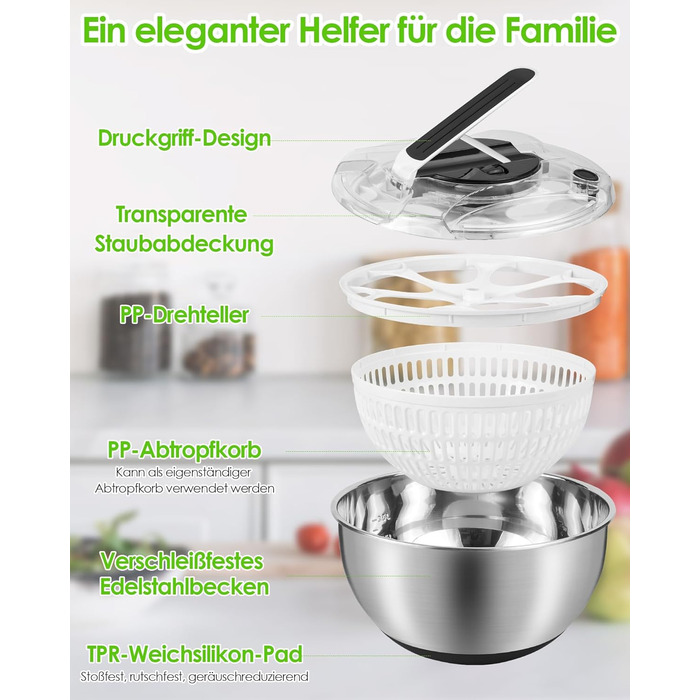 Салатниця-центрифуга з нержавіючої сталі, 4.5L, механічна, для миття та відціджування салатів та макаронів