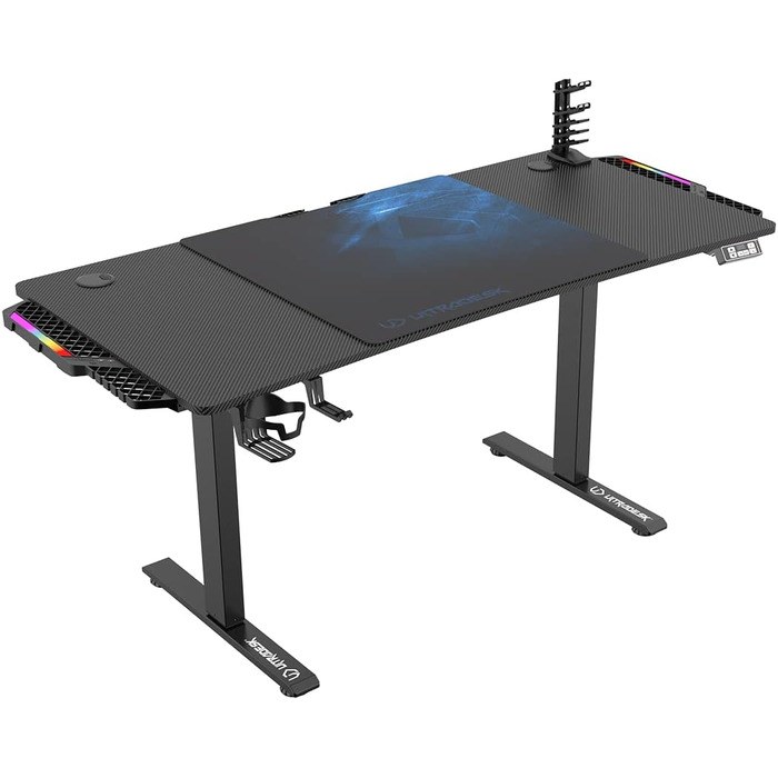 ULTRADESK Стіл для роботи Level V2 - Регульована висота, 140x68 см, з підсвіткою, для геймінгу, офісу, дому - з XL-килимком для миші (Синій)