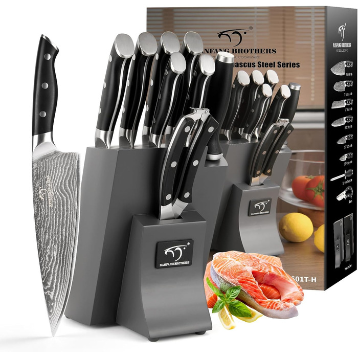 Набір кухонних ножів Дамаск з дерев'яним блоком, професійний кухонний набір, VG10, 67 шарів, преміум якість (9 предметів, сірий)