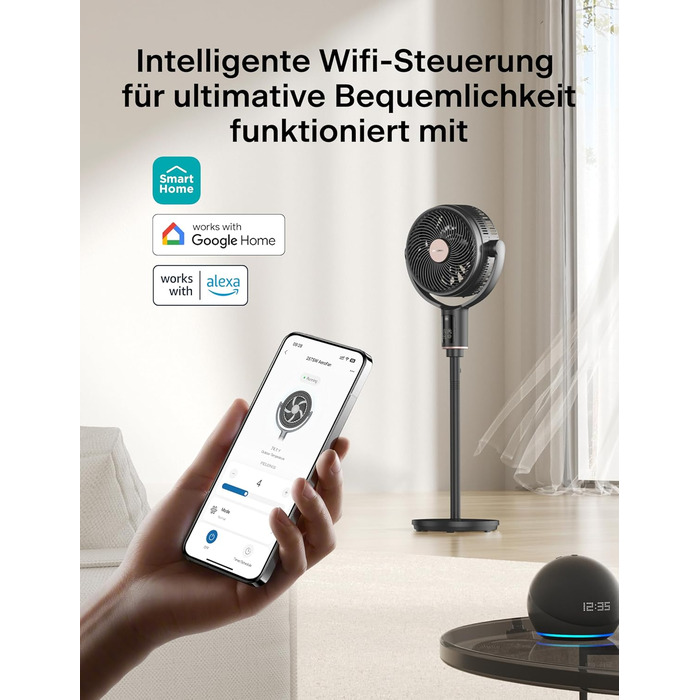 PELONIS вентилятор підлоговий Smart з осциляцією, DC мотор, 9 швидкостей, 26dB, регулювання висоти 36-110см, 9H