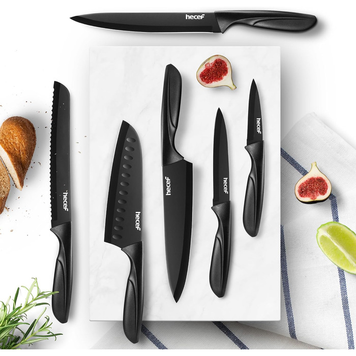 Набір кухонних ножів Hecef 15 предметів з бруском, чорний колір, антипригарне покриття, безпечний для миття в посудомийній машині, самозаточуваний брусок, ергономічні ручки, набір ножів для кухні для початківців та любителів готування (6 шт)