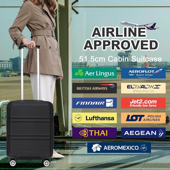 Чемодан KONO 24 дюйми, ABS, з TSA-замком, 4 колеса, 65×44×25.5 см, чорний, 3-частинний набір