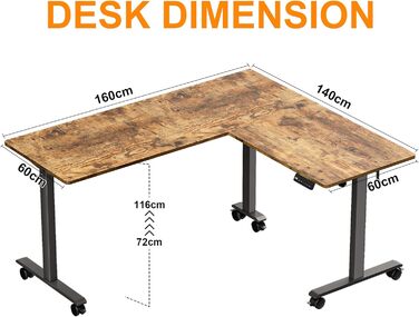 Електричний кутовий стіл BEXEVUE з регулюванням висоти 160x140 см, 3 функції пам'яті, антиколізійна технологія, ергономічний, коричневий