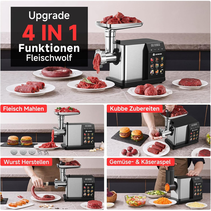 Електрична м'ясоподрібнювач AAOBOSI 3000W з LED-дисплеєм, 9 швидкостей, з нержавіючої сталі, для дому, з насадкою для ковбас та кіббе, інтегрований контейнер, сріблястий