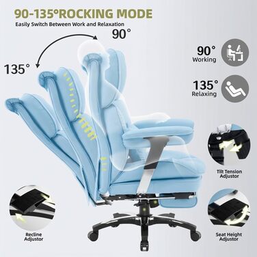 Ергономічне офісне крісло Efomao X-Stickerei для дому та офісу, шкіряне (PU), 200 кг, з підставкою для ніг та підтримкою попереку, чорне з блакитним