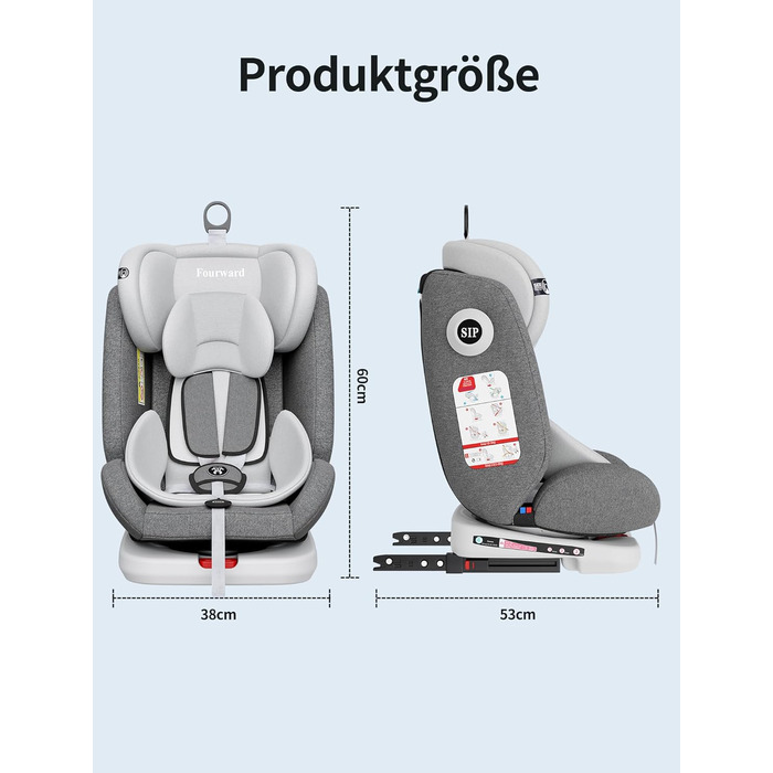 Автокрісло Fourward Baby 360° - ISOFIX, 9-36 кг, Група 0+1/2/3, 5-точкові ремені, сірий колір