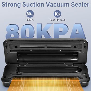 Вакууматор 8-в-1 для сухої та вологої їжі, вакуумний пакувальник 80 кПа з вбудованим різаком, відсіком для пакетів та цифровим таймером (Чорний)