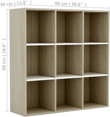 Книжкова шафа з 9 відділеннями Стояча полиця Настінна полиця Офісна полиця Полиця для зберігання книжкової шафи 98x30x98 см Інженерна деревина (білий і дуб сонома)