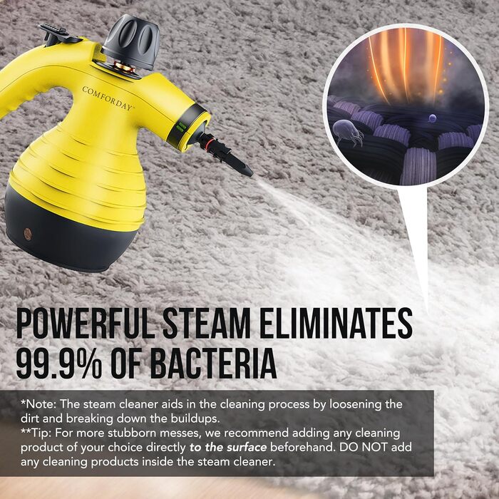 Портативний пароочисник Comforday для дому та авто: видаляє жир, плями та бруд. Зі 9 насадками для чищення диванів, кухні та інших поверхонь.