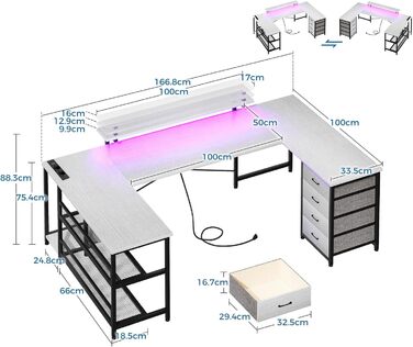 Письмовий стіл ODK U-подібний з 4 ящиками, розетки, USB, LED, підставка для монітора, 167102см, білий