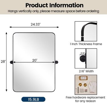 Дзеркало для ванної кімнати MOON MIRROR прямокутне з металевим каркасом, 50.8 x 71.1 см, чорний матовий