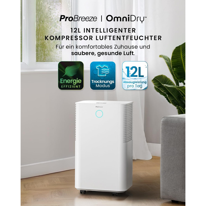 Про Breeze OmniDry - електросушарка для повітря з Wi-Fi, 12л/24г, з функцією сушіння білизни, датчиком вологості, таймером, проти цвілі, для приміщень до 25м²