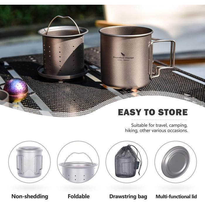 iBasingo чашка Titan 420мл з ситечком для чаю та кришкою. Легка туристична чашка з фільтром, для кемпінгу, подорожей, пікніків. Модель Ti3054D