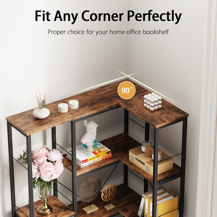 Кутовий стелаж OYRREU з 5 ярусами, LED-підсвічуванням та 4 висувними ящиками. Підходить для вітальні, спальні, офісу, кухні. Вінтажний коричневий колір.