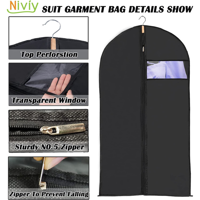 Сумка для одягу Niviy, костюм з 6 предметів, високоякісна сумка для одягу, прозора дихаюча тканина 60x100 см, для костюмів, пальто, піджаки, сорочки, вечірні сукні, сумка для костюмів, чохол для одягу (повністю чорний, 60X120 см)