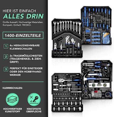 Набір інструментів TRESKO 1400 предметів у валізі: професійний кейс з інструментами з хромо-ванадієвої сталі (синій)