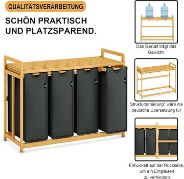 Кошик для білизни AdelDream Premium 200L з 4 відділеннями, висувний та знімний мішок для білизни з бамбуковим каркасом, сірий – кошик для білизни та органайзер для ванної кімнати та спальні