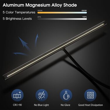LED лампа настільна EYOCEAN 24W, 80см з жестами, диммування, захист очей, для офісу, читання, архітекторів, дизайнерів, чорна