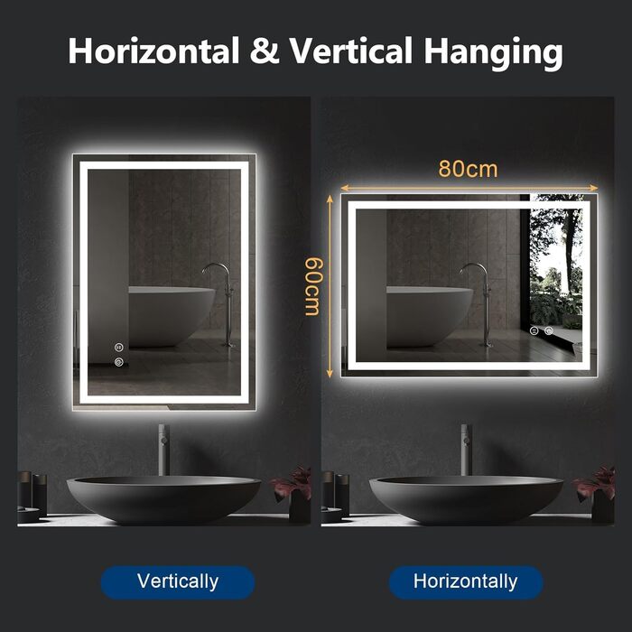 Дзеркало для ванної кімнати Youyijia з підсвічуванням, 70x50 см, антизапітніюче, сенсорне керування, 3 кольори світла, регулювання яскравості