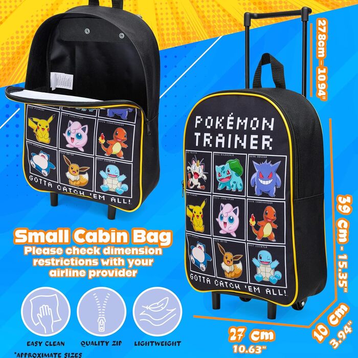 Дитяча валіза Pokemon, складний візок 39x27см, 10.5л, 2 колеса, висувна ручка (чорний/різнокольоровий)