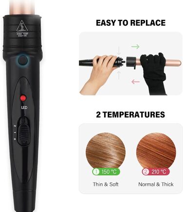 Набір для завивки волосся Janelove 5 в 1: керамічний локон, 10-32 мм, різні насадки, регулювання температури, рукавиці, сумка (рожеве золото)