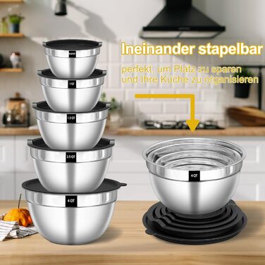 Набір мисок для перемішування 5 шт. з нержавіючої сталі, набір салатників з герметичними кришками, 3 насадки-тертки, об'єм 4.5L, 2.7L, 1.6L, 1.1L, 0.7L, скляні, розбірні, можна мити в посудомийній машині