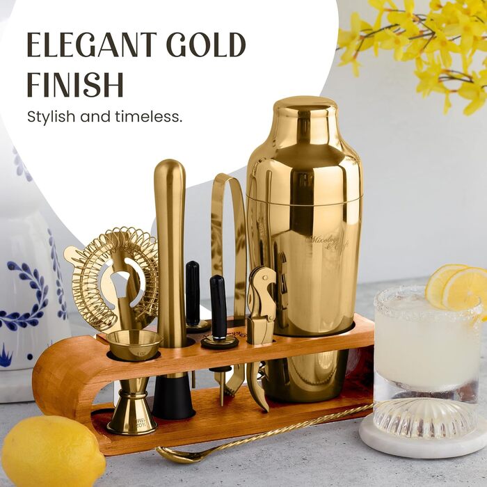Набір для коктейлів та міксології Edles (10 предметів) - шейкер з нержавіючої сталі, баргарні аксесуари в дерев'яній підставці з бамбука - подарунковий набір, золотий/натуральний бамбук