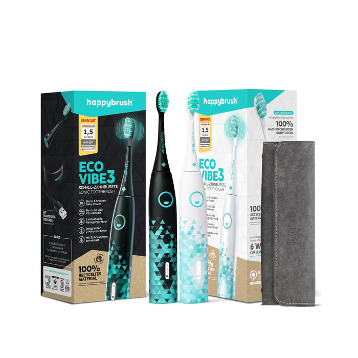 Електрична зубна щітка happybrush Eco VIBE 3 подвійна (чорна/м'ятна та біла/м'ятна) з кейсом для подорожей | 6 тижнів роботи від акумулятора