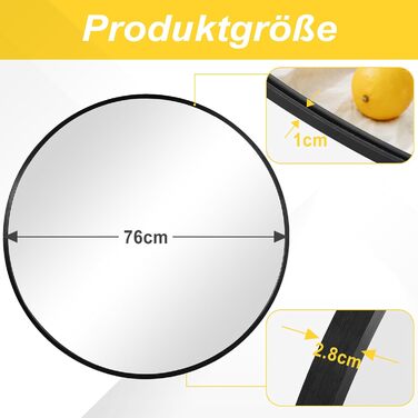 Дзеркало кругле FRUMENSHIP 76x76 см з металевим каркасом, для вітальні, спальні, ванної кімнати, коридору (чорний)