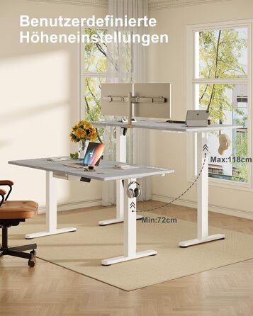 DEVOKO Стол для роботи з регулюванням висоти 140 x 70 см з розеткою, бездротовою зарядкою та USB – Електричний стіл для комп'ютера з функцією пам'яті та кабельною організацією – Ідеально для геймінгу та офісу, сірий 140 x 70 см