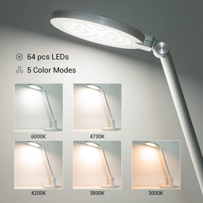 LED настільна лампа JUKSTG 12W з торканням, диммуванням, 5 кольорів, захистом для очей, для офісу, читання, роботи, дітей (біла)