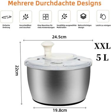 Салатниця-центрифуга XXL з нержавіючої сталі 5л, з очищувачем та пляшкою для віджиму - придатна для миття в посудомийній машині - ідеальна велика салатниця для миття та сушіння салату