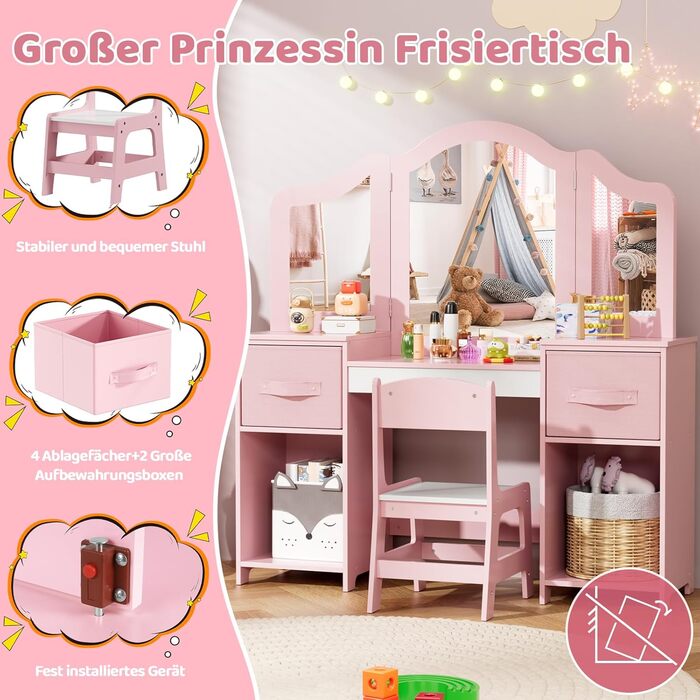 Дитячий туалетний столик MAMIZO 2 в 1 з дзеркалом та пуфом, рожево-білий (108x30x114 см)