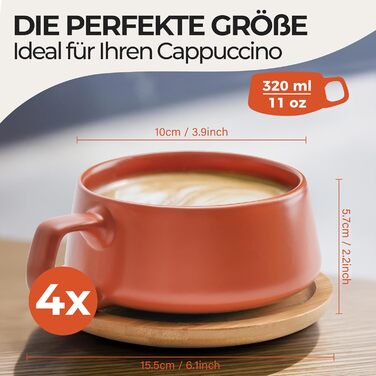 Набір кавових чашок Miamio 4 шт. з підставками (320 мл) - бежевий пастельний, 320 мл, Steingut, сучасний дизайн