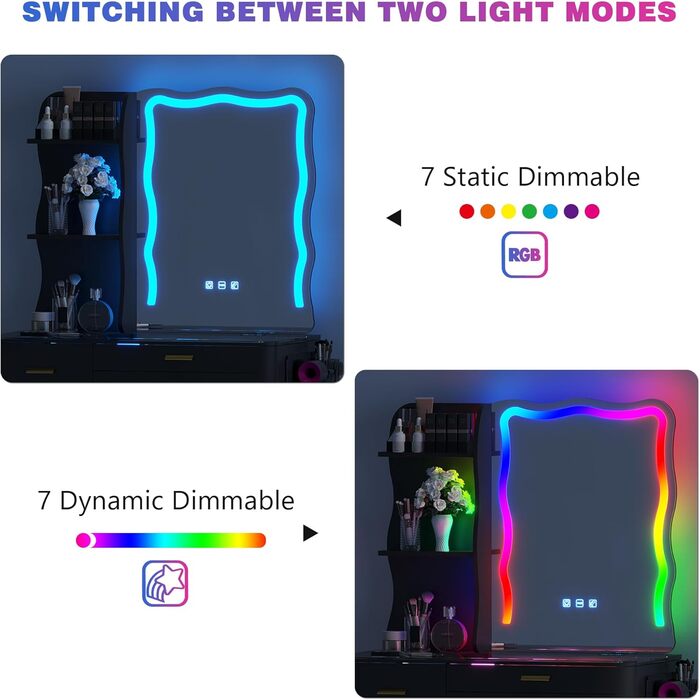 Туалетний столик Lvifur RGB зі світлодіодом, дзеркало, табурет, ящики, USB-порт для спальні (чорний)