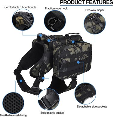 Рюкзак-сідло для собак BYGD, легкий знімний похідний рюкзак для собак, водонепроникний рюкзак для собак, для собак середнього розміру, для прогулянок на свіжому повітрі (камуфляж)