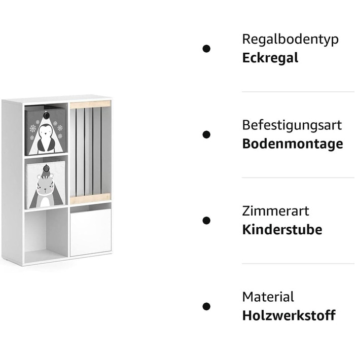 Полиця дитяча Vicco Luigi, біла, 72 x 107,8 см з 2 відкидними коробками Opt.5 72x96 зі складними коробками Слон/Тигр