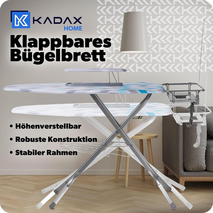 Прасувальна дошка KADAX з підвішуванням для рукавів, 130x41 см, поверхня для прасування 53x13 см, з підставкою для праски та розеткою, складна, Made in EU (Блакитна)