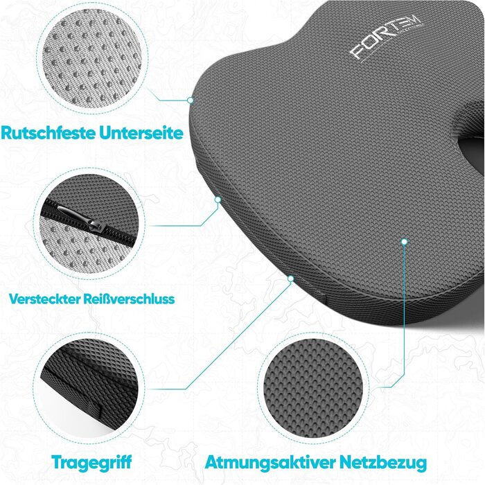 Подушка для сидіння FORTEM: м'яка, з піною з пам'яті, для офісного, ігрового крісла, авто, комп'ютерного крісла. Нековзна, знімний чохол сірого кольору.