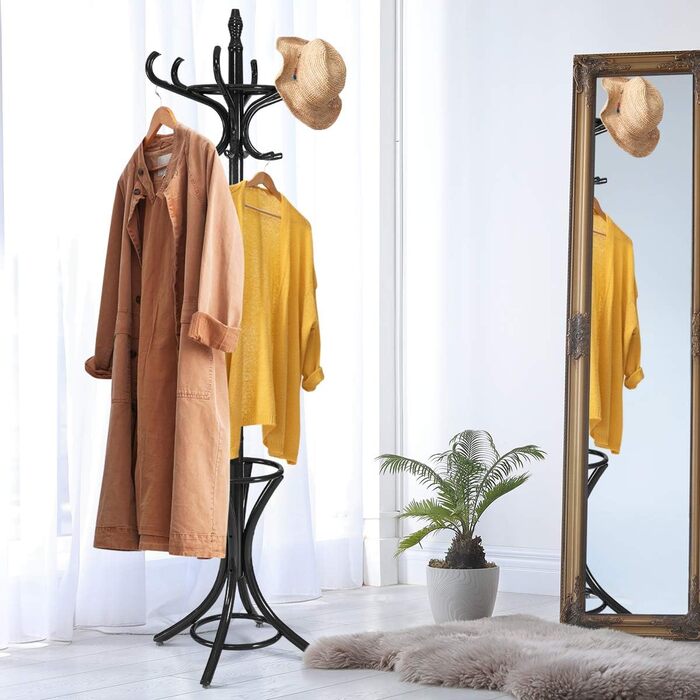 Стойка для одягу GIANTEX з підставкою для парасольки, дерев'яна, 12 гачків, для прихожей/вітальні (чорна)