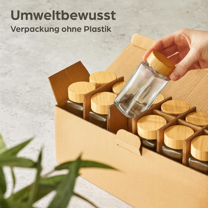 Баночки для спецій Praknu - набір з 12 шт. - квадратні з бамбуковою кришкою - 120 мл - вкладиш для посипання - етикетки - щіточка для чищення - дерев'яна ложка