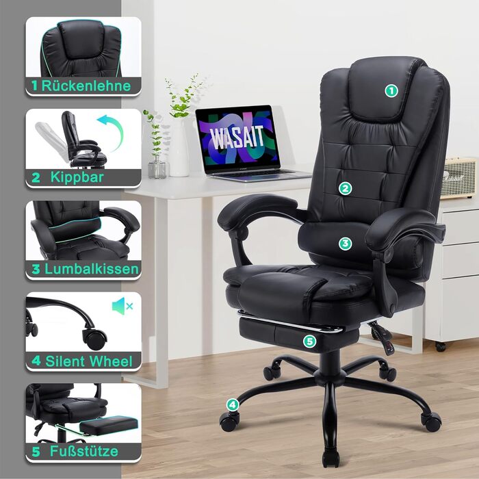 Офісне крісло Ігрове крісло з регулюванням висоти Ергономічне з м'якими підлокітниками та підставкою для ніг Комп'ютерне офісне крісло з коліщатками, чорно-сіре, 360