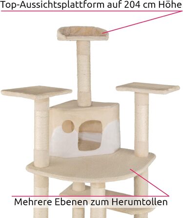 Кігтеточка для кішок tectake XXL для котів, з аксесуарами, 2 котячі печери, висота до стелі, бежевий/білий