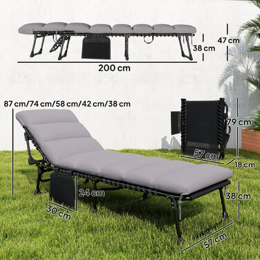 Зручний складаний шезлонг для саду з регульованою спинкою (5 положень), м'яким матрацом та підголівником.