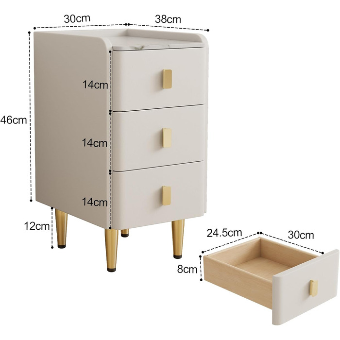 Нічний столик AQIMUELE, білий, з 3 шухлядами, 30 см, без встановлення, з екошкірою