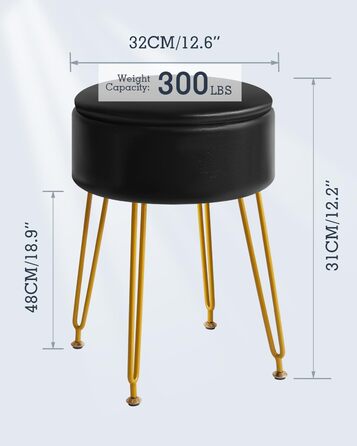 Пуф-табуретка IBUYKE з велюру, круглої форми, з м'якою оббивкою, на золотих металевих ніжках, чорного кольору, з PU-підсидінням для зберігання, модель L/G-30P