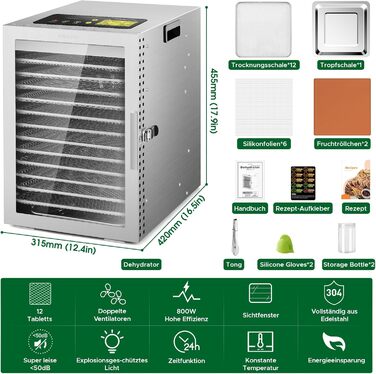 Електрична сушарка для продуктів Kwasyo з нержавіючої сталі, 12 ярусів, 30-90°C, таймер 24 год