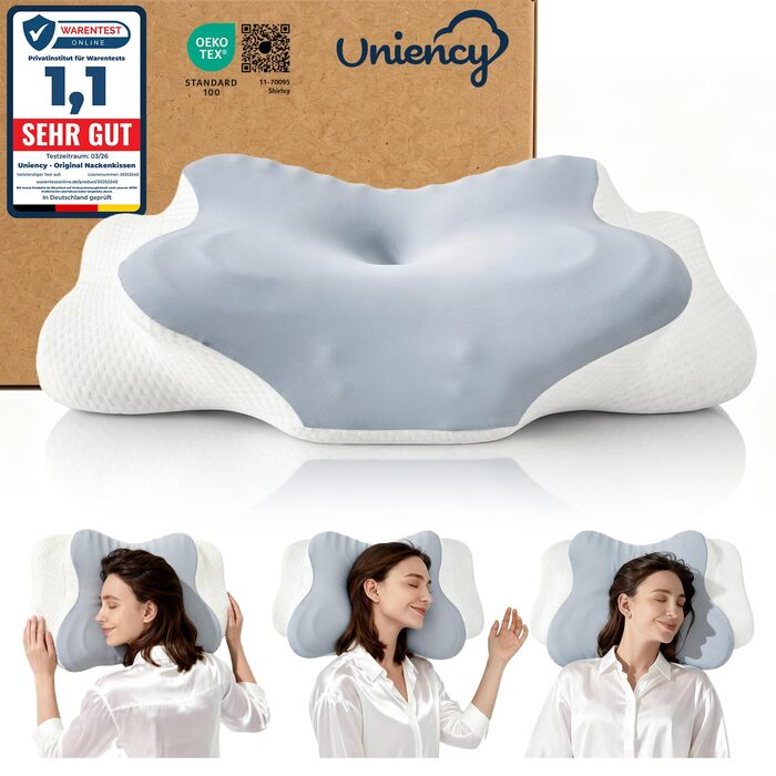 Ергономічна ортопедична подушка для шиї з ефектом пам'яті (Memory Foam) для всіх типів сну: на боці, спині та животі, синя